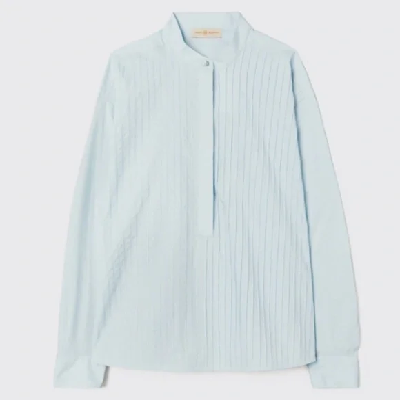 🆕 TORY BURCH Spring Blue Poplin Pleated Shirt | Women’s Size 0 | NWT