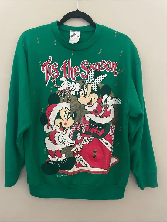 Vintage 80s 90s Disney Mickey Minnie Mouse Christmas Sweatshirt Green Crewneck L