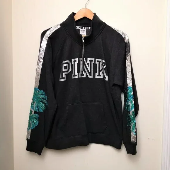 NWOT PINK Quarter Zip Sweatshirt Tropical Sequin Detail‎ Charcoal Gray Size M
