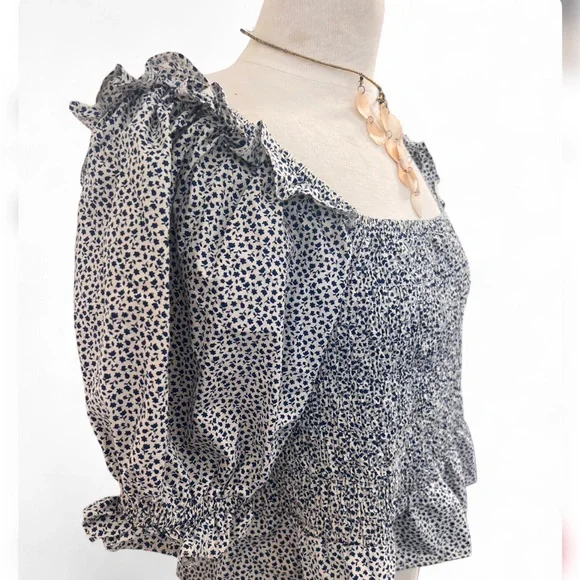 Topshop Blue Floral Smocked Puff Sleeve Blouse Ruffle Neck US 10