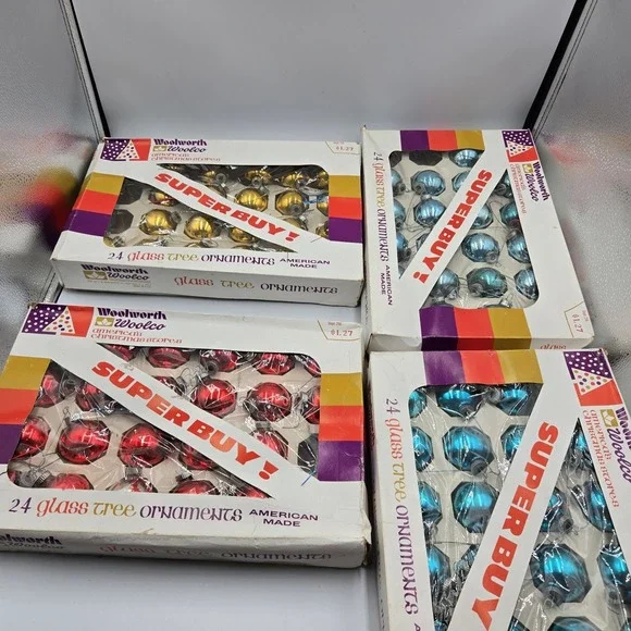 4 Sets Woolworth Woolco 24 Glass Tree Blue Gold Red Ornaments With Box Vintage