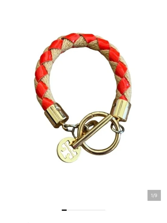 TORY BURCH Braided Rope & Orange Patent Leather Bracelet Gold Toggle