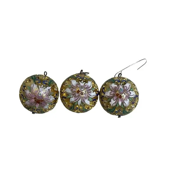 Lillian Vernon Cloisonné Ornaments Set of 3 Ball Gold Enamel Floral Vintage 1.5