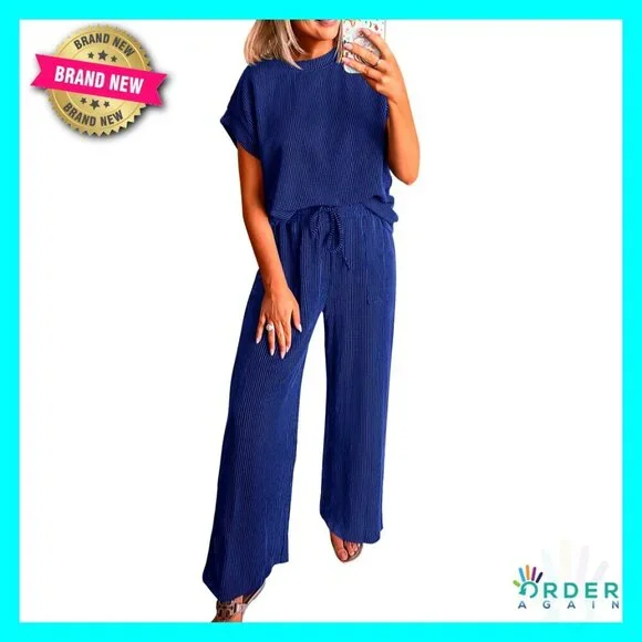 Ribbed Knit Lounge Set Short Sleeve Top Wide Leg Pants Casual Chic