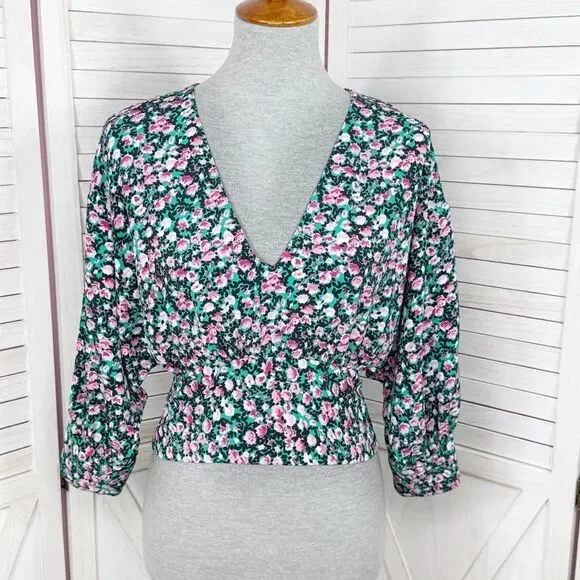 Zara Floral V-Neck Smocked Waist Crop Top Blouse Pink Green Medium‎