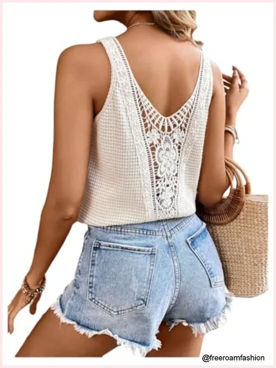 Boho Lace Sleeveless Backless Tank Top Sheer V-Neck Summer Tops