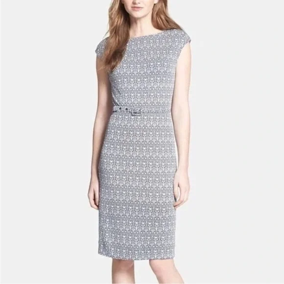 Tory Burch Jamie Jersey Knit Cap Sleeve in Navy Blue Combo Business Pencil Dress