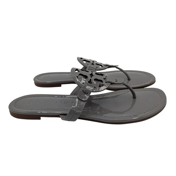 Tory Burch Miller Gray Patent Leather Thong Logo Sandals Womens 8M 5930