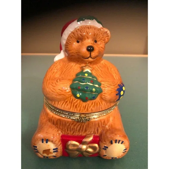 Mr. Christmas Porcelain Teddy Bear Hinged Music Box Animated Plays Jingle Bells