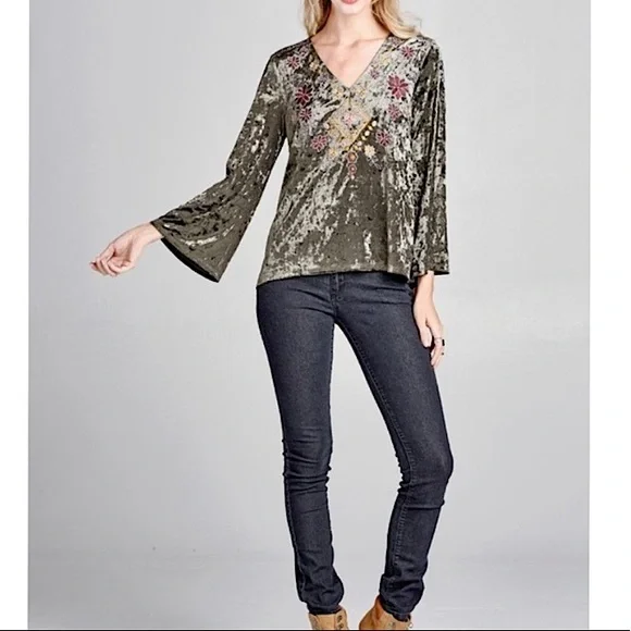 NWT BOHO green vintage crushed velvet embroidered top small medium large new