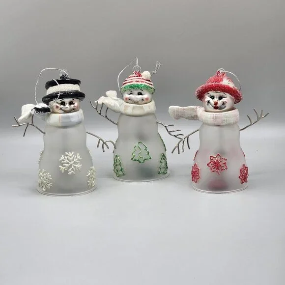 The Bradford Editions Snowman Family Glass Bells Ornaments Christmas Winter
