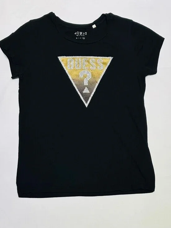 GUESS Black Tee with Gold Sequin Triangle Logo