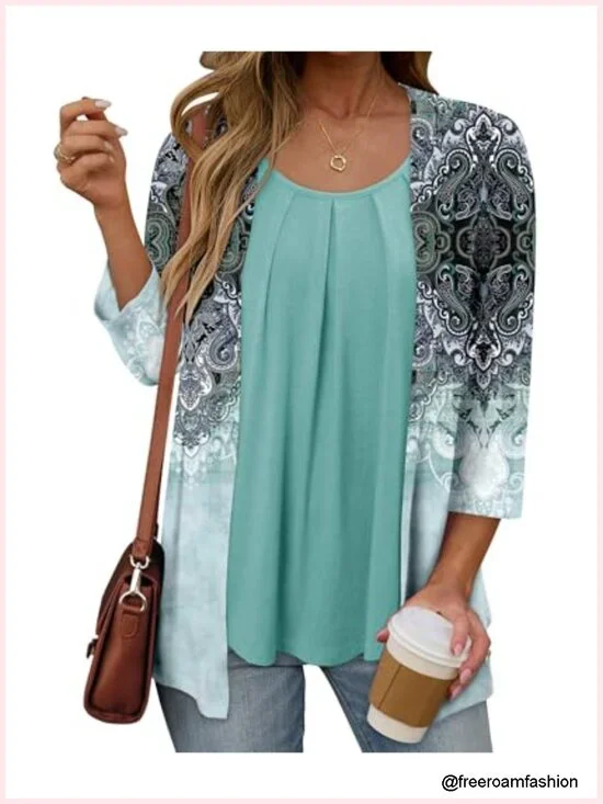 3/4 Sleeve Tunic Top Flowy Ruffle U-Neck Lightweight
