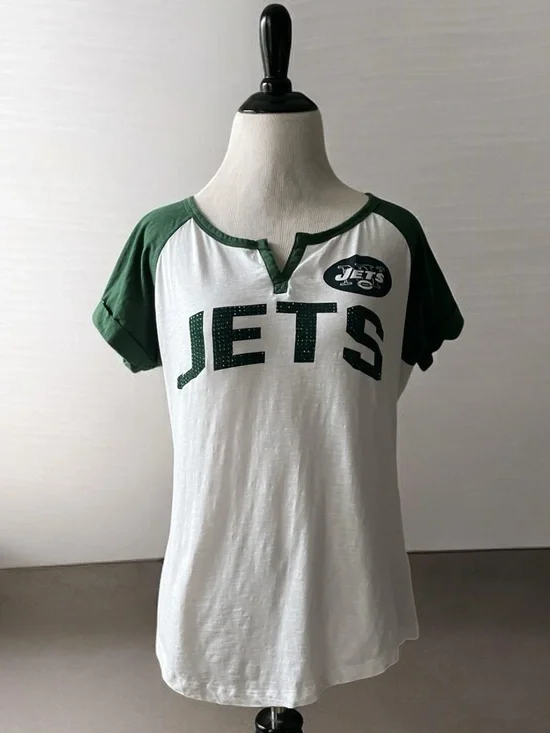 NFL TEAM APPAREL NY JETS rhinestone logo short sleeve asymmetrical t-shirt small