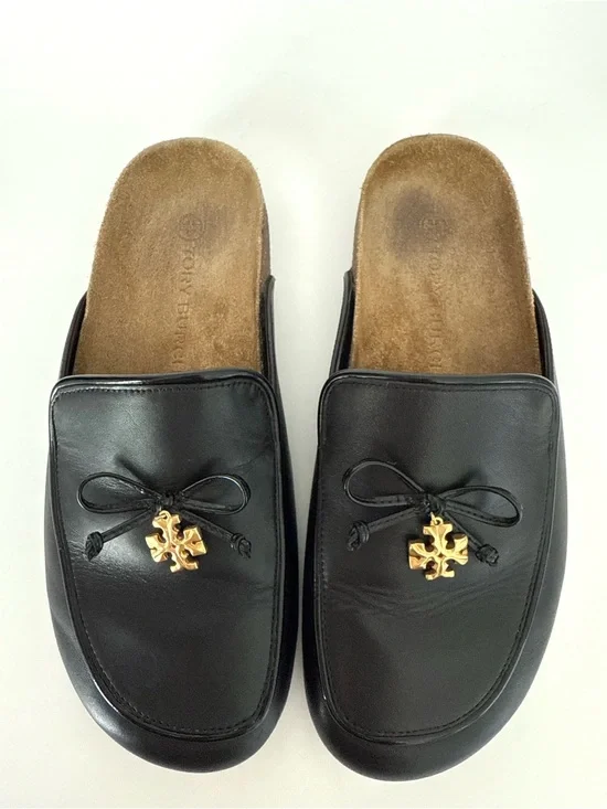 EUC Tory Burch Charm Mules Flat Slip-on Black Genuine Leather Natural Cork