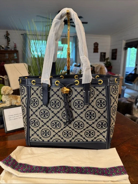 Tory Burch Navy and Cream Logo Canvas Tote with Gold Hardware