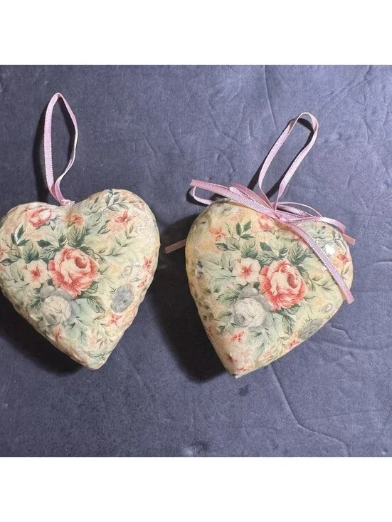Shabby Chic Floral Heart Ornaments Set of 2 Rose Decoupage Style 4” Pink Ribbon