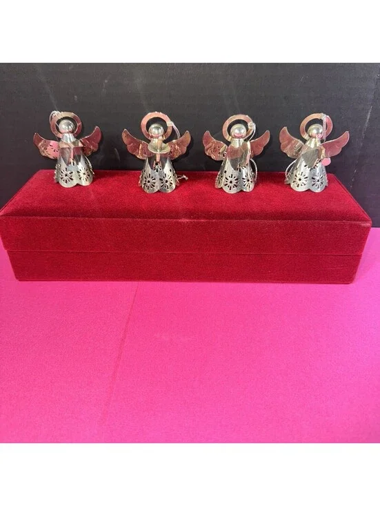 4 Vintage Silver Metal Angel Ornaments Red Velvet Box Christmas Holiday Decor