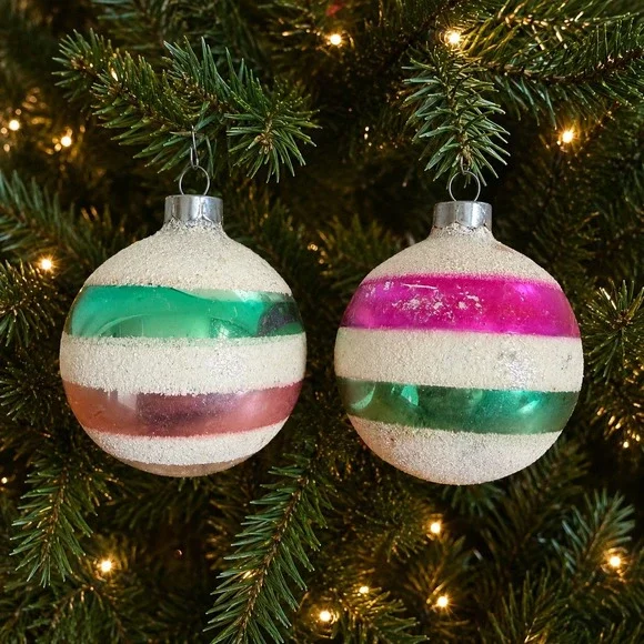 George Franke Pair Christmas Ornaments Pink Green Striped Mica USA MCM 1950's