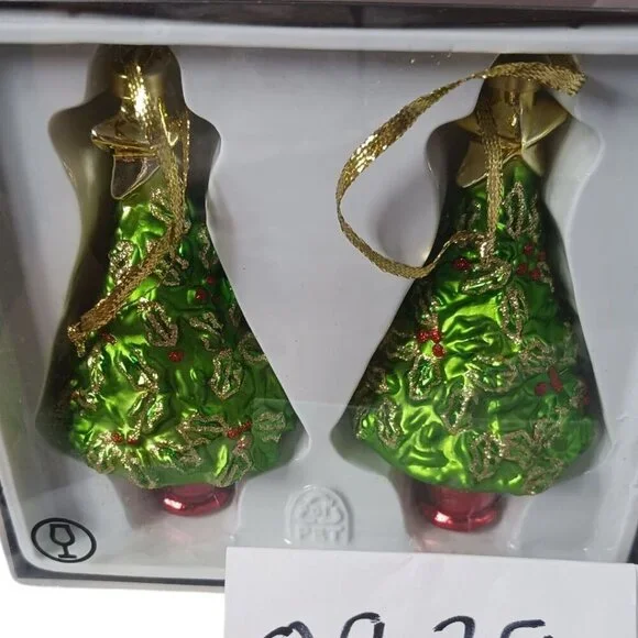 Ikea Set Of 2  Christmas Tree Ornaments With Gold Holly Pattern & Red Base