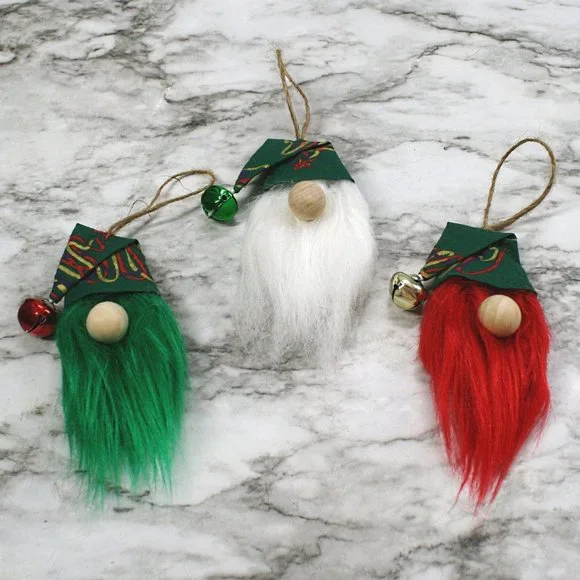 HAND CRAFTED Gnome Christmas Ornaments Set of 3 - Green Scribble Tree