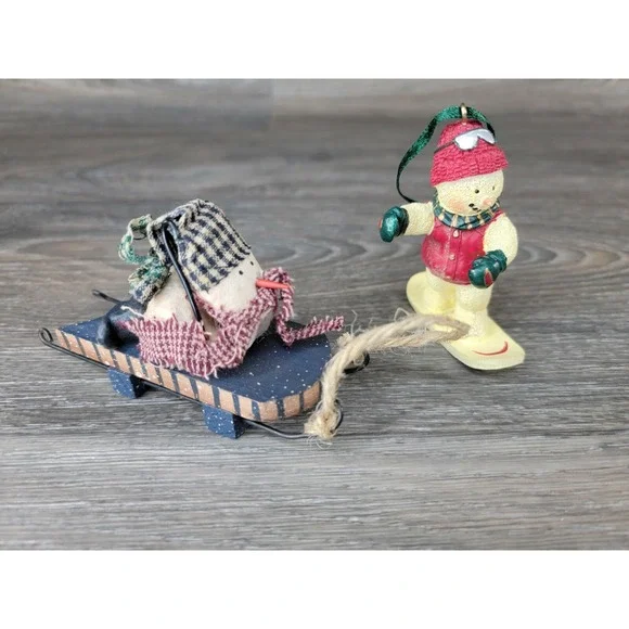Vintage Christmas Snowman Ornaments Lot Of 2‎ Snowmen Sledding snowboarding