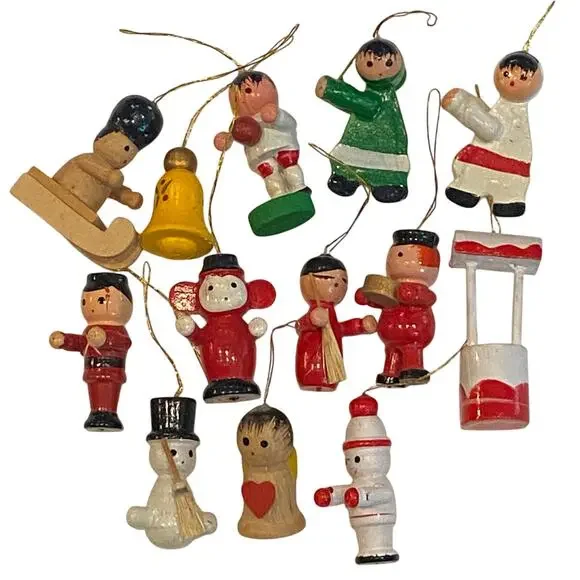13 Vintage Handmade Wooden Miniature Christmas Ornaments