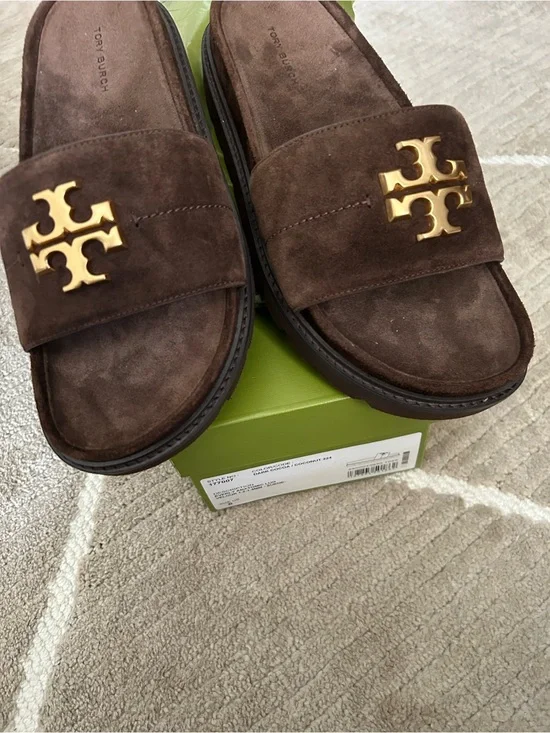 Tory Burch Brown Suede Slide Sandals with Gold Logo Accent