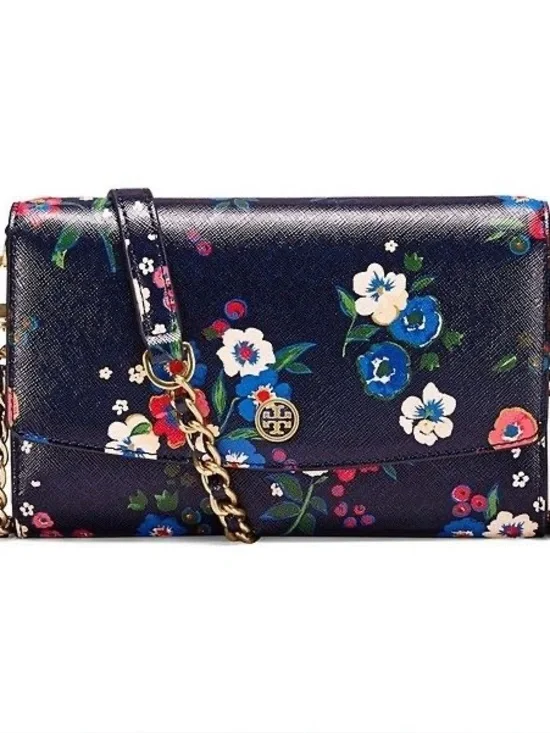 Tory Burch Parker Floral Printed Leather Chain Wallet navy blue floral NEW