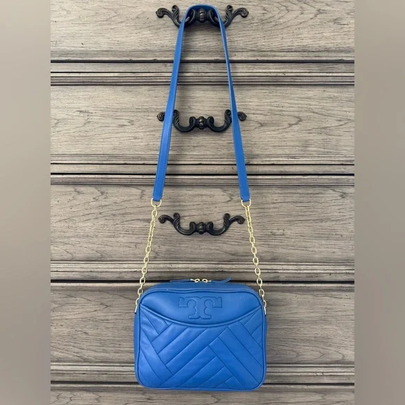 Tory Burch Leather Crossbody Bag Alexa Stitch Camera Bag Regal Blue Quilted