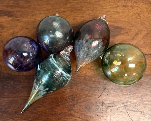 Lot 5 Hand Blown Art Glass Ornaments Teardrop Ball Iridescent Crackle Swirl