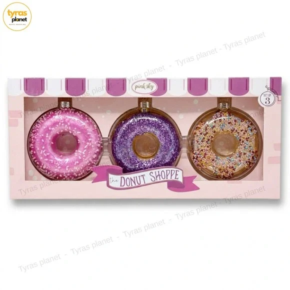 Pink Sky GLASS Iced Donut Shoppe Ornaments Pink Purple Sprinkles 3 Pack 3.5