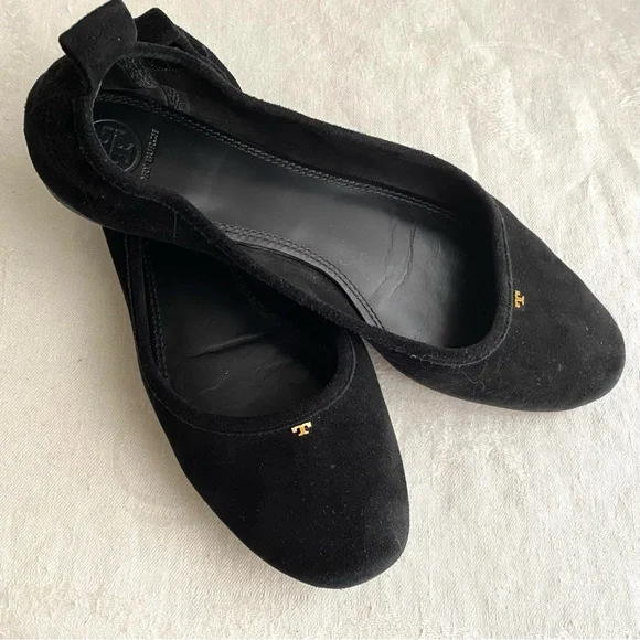 Tory Burch Black Suede Round-Toe Ballet Flats with Small Gold 
