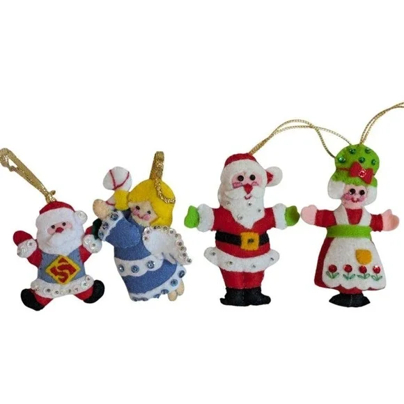 Vintage Felt Christmas‎ Ornaments Handmade Santa Angel Snowman Set of 4