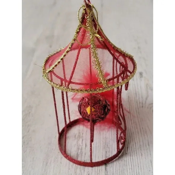 Glitter bird‎ cage golden trim ornament Xmas decor