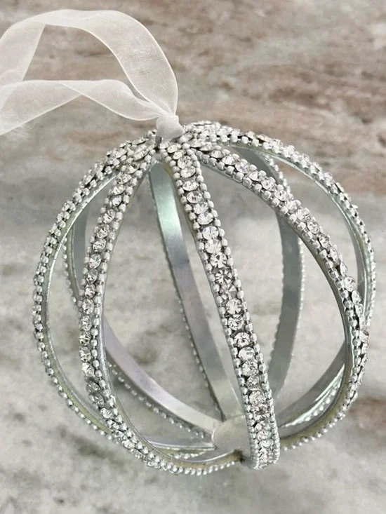 Large Silver Christmas Ornament- Rhinestone Beaded Sparkly Jewel Holiday Decor