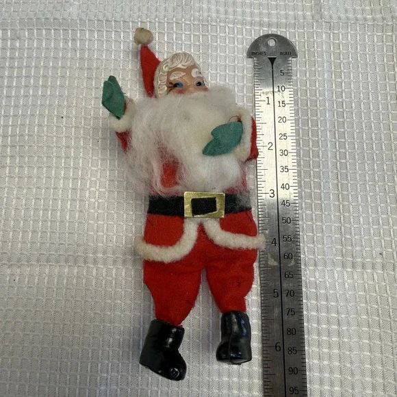 Vintage Santa Red Flocked Felt Green Gloves Plastic Face Japan‎ Christmas