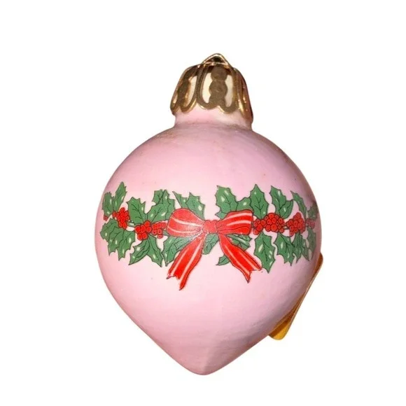 Vintage Pink Glass Teardrop Christmas Ornament Holly Berry Garland Red Bow