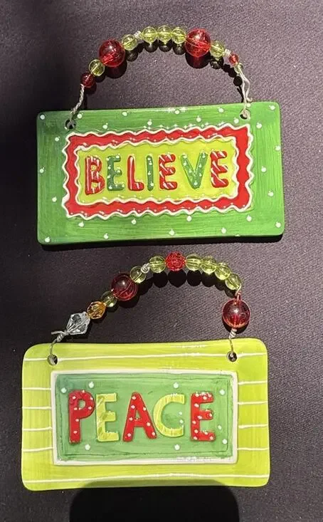 Mingle Jingle Country “Believe” & “Peace” Ceramic Christmas Ornaments -K1