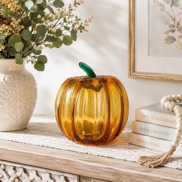 Hand Blown Glass Pumpkin Optic Amber with Topaz Stem 6