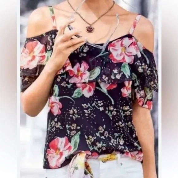 Cabi‎ #5220 Fairytale Floral Cold Shoulder Ruffle Sleeve Blouse Sz L blue