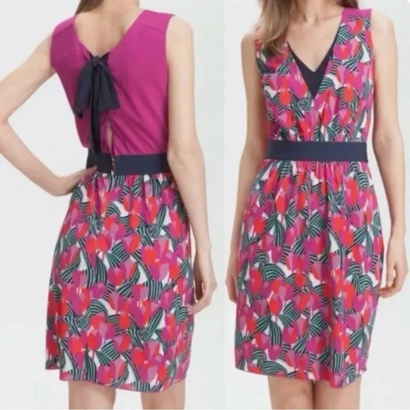 TORY BURCH Women’s Pink Blue Tulip AUGUSTINA Floral V-Neck Logo Dress Tie Sz XS