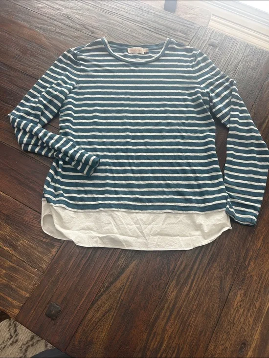 Tory Burch Teal and White Striped Layered Hem Long-Sleeve Top