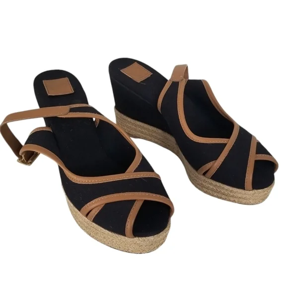 Tory Burch Majorca Peep Toe Sling Back Espadrille Wedges Size 9.5 Black/Tan
