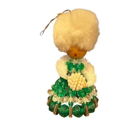 Vtg Bead And Safety Pin Doll‎ Kitschy Green Dress & Muff Handmade Ornament