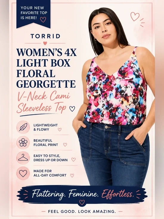 Torrid Womens 4X Light Box Floral Georgette V-Neck Cami Sleeveless Top N…