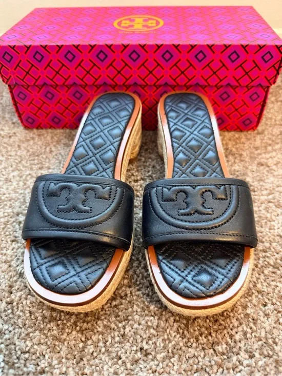 NEW Tory Burch Fleming Stacked Heel sandal jute espadrille slide size 5.5