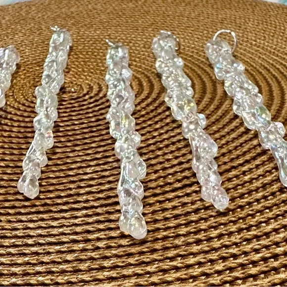 Vintage Iridescent Icicle Holiday Decor Christmas Ornaments 6” lot of 8