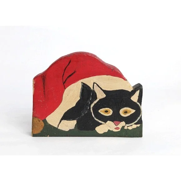 Vintage Cat In Santa Hat Christmas Decoration Hand Painted Wood