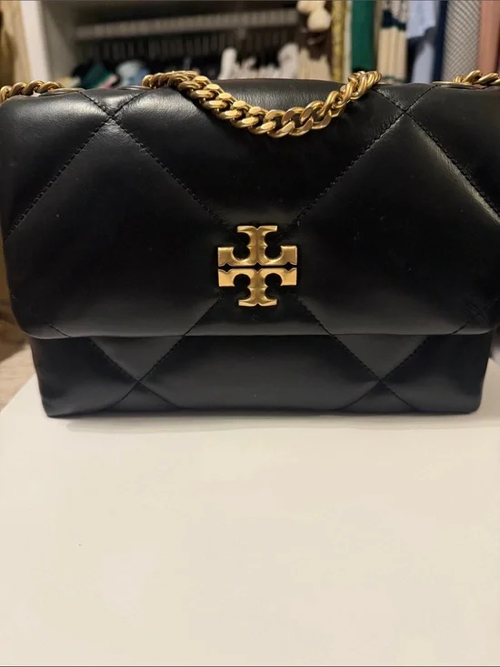 Tory Burch Black Quilted Leather Shoulder Bag with Gold Logo and Chain